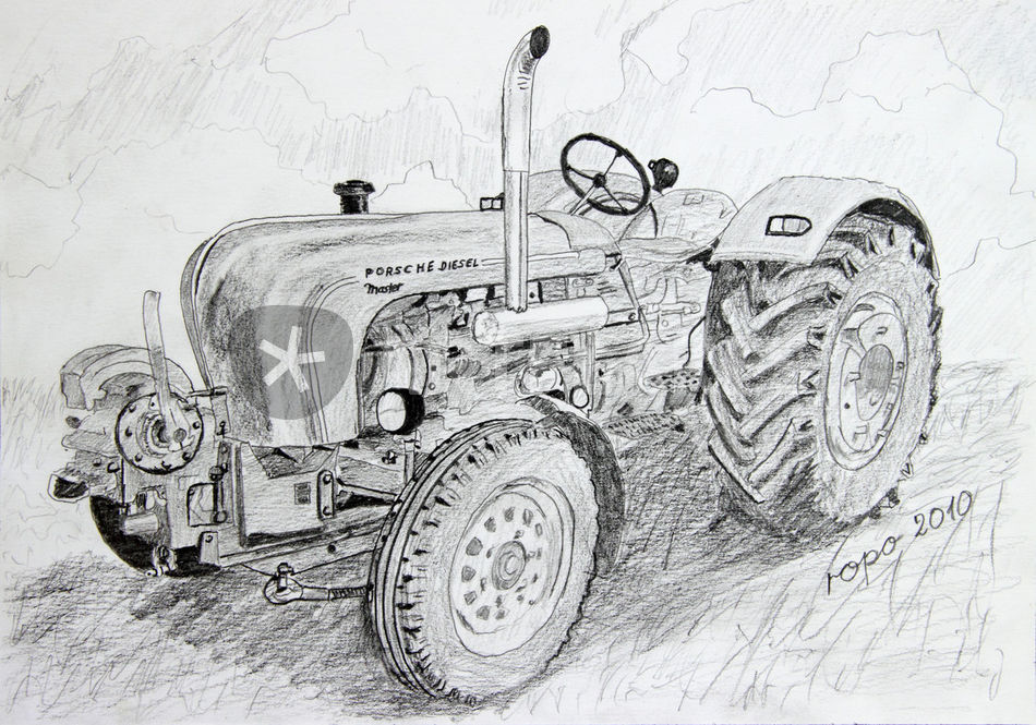 "oldtimer trecker  old tractor" zeichnung als poster und